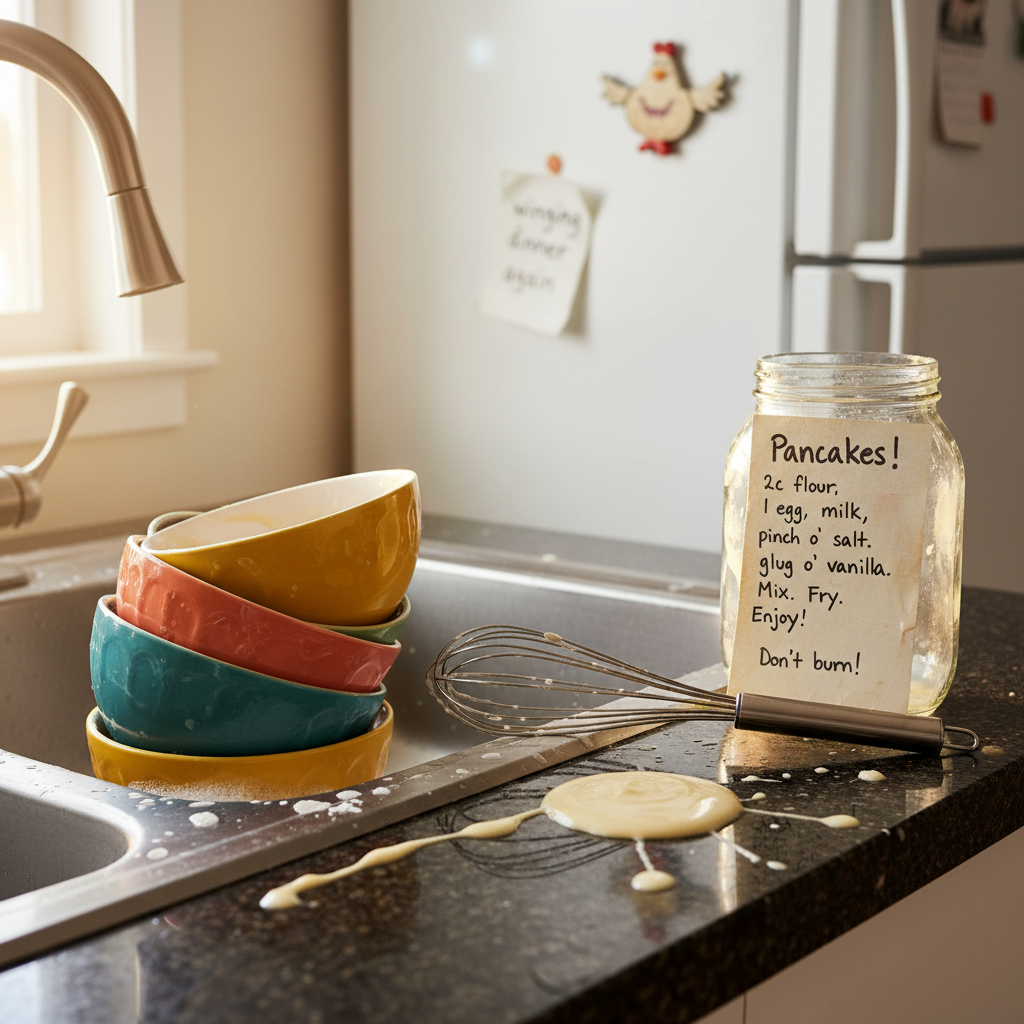 A slightly overfilled kitchen sink with a stack of colorful ceramic bowls, a whisk balanced precariously on the edge, and a splatter of pancake batter on the counter. A handwritten recipe card leans against a flour-dusted jar, edges curling. Warm, late-morning sunlight filters through a nearby window, creating bright highlights on stainless steel and gentle reflections in soapy water. In the softly blurred background, a crooked fridge magnet holds a note that reads “winging dinner again.” Photographic realism from a close, eye-level perspective, emphasizing texture and playful domestic chaos with a vibrant, humorous mood.