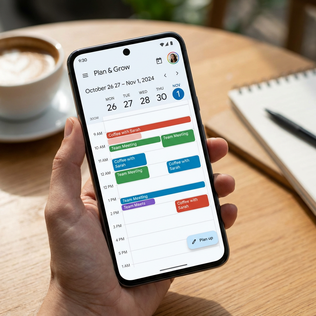 Plan & Grow app: October 26-Nov 1 schedule with meetings and 'Plan up' button.